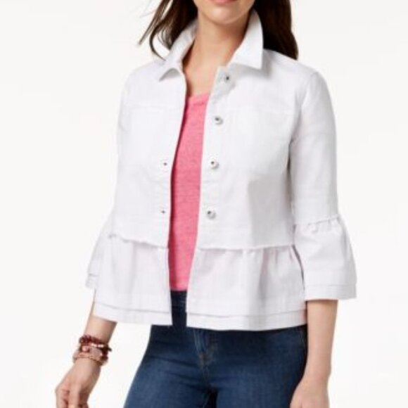 Style & Co Denim Jacket Ruffle Hem Sleeve White J - Picture 1 of 7